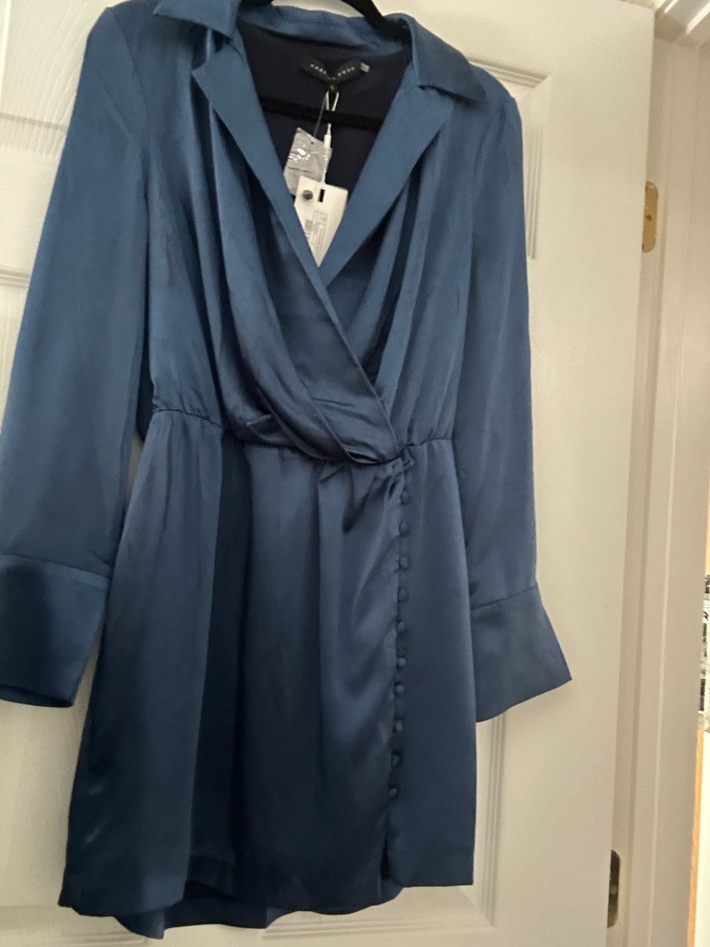 Endless Rose Satin Wrap Long Sleeve Mini Dress in Blue